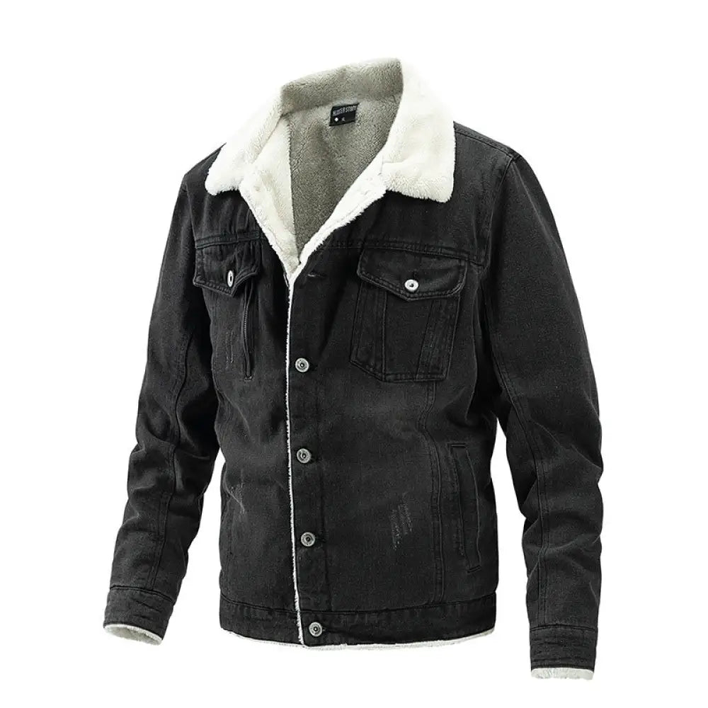 Men’s Slim Washed Lapel Thickening Denim Jacket | same ANTHEM. Classic & Casual Men’s Coats - Black / L