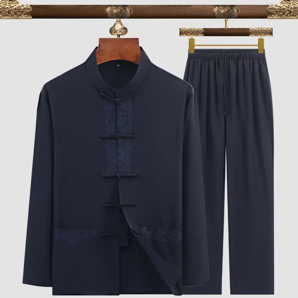 Men’s Tang Suit Set – Modern Chinese Style Summer Suit | same ANTHEM - 3105 Fu Navy Blue / 3XL