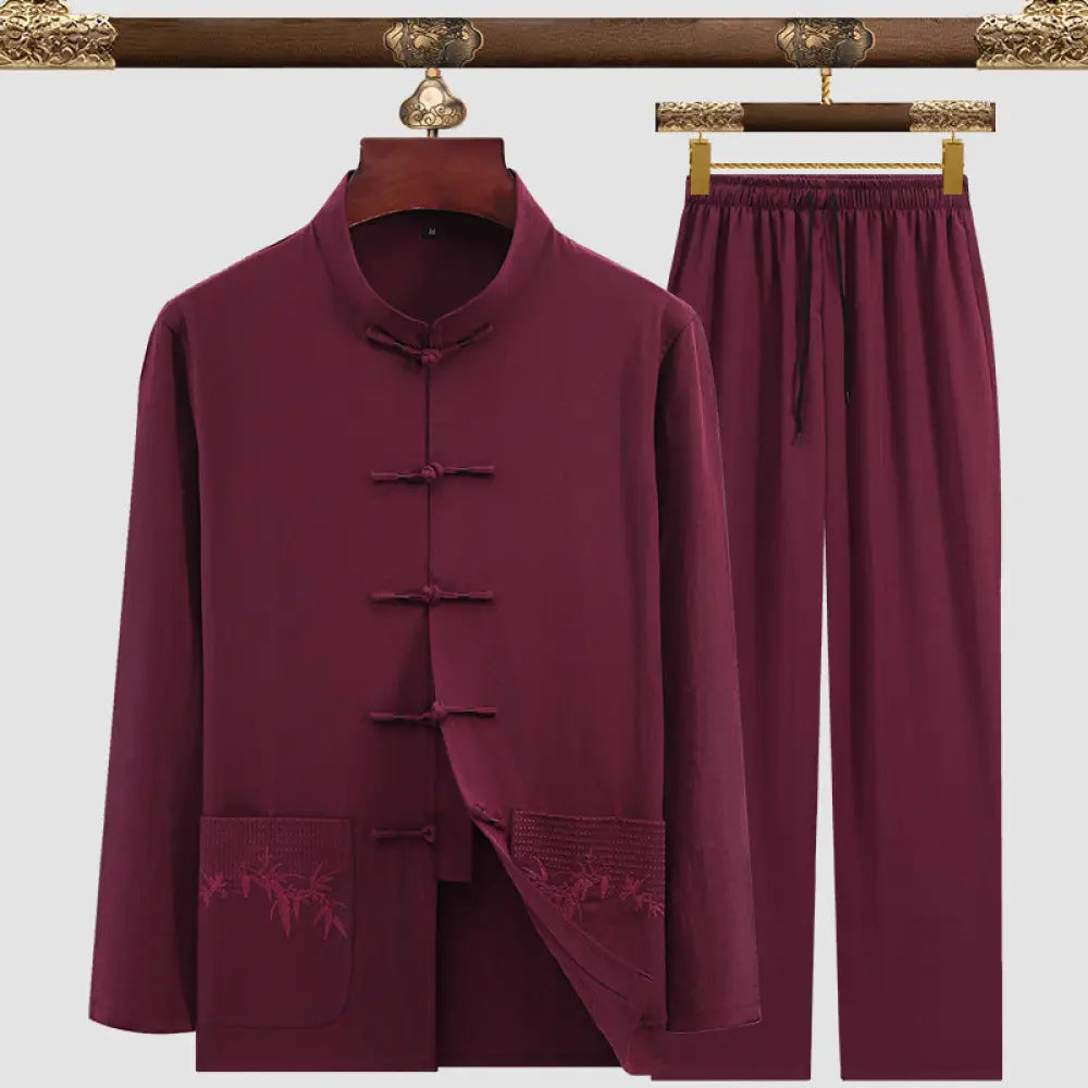 Men’s Tang Suit Set – Modern Chinese Style Summer Suit | same ANTHEM - 3106 Bamboo Leaf Red / 3XL