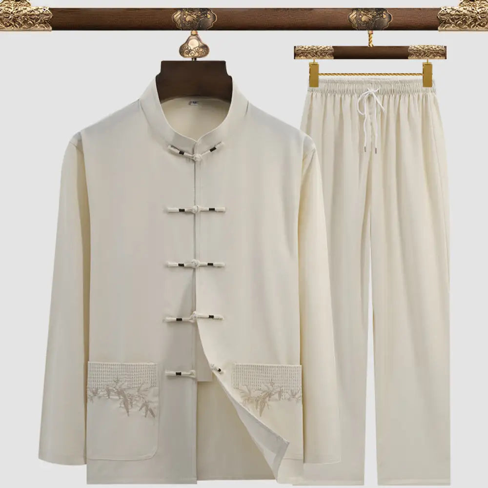 Men’s Tang Suit Set – Modern Chinese Style Summer Suit | same ANTHEM - 3106 Bamboo Leaf Beige / 3XL