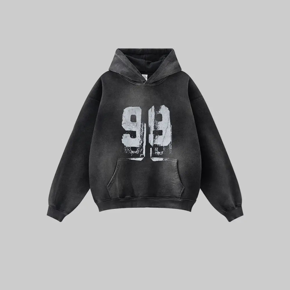 Black hoodie with white text on a light gray background