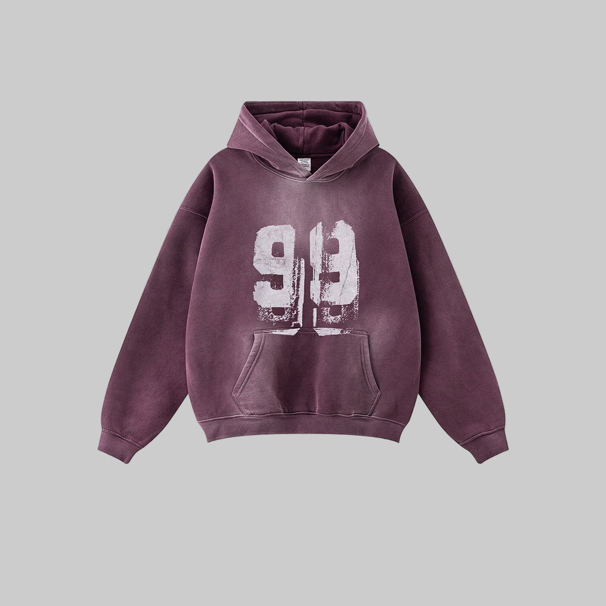Plum purple hoodie with '99' print on a light beige background