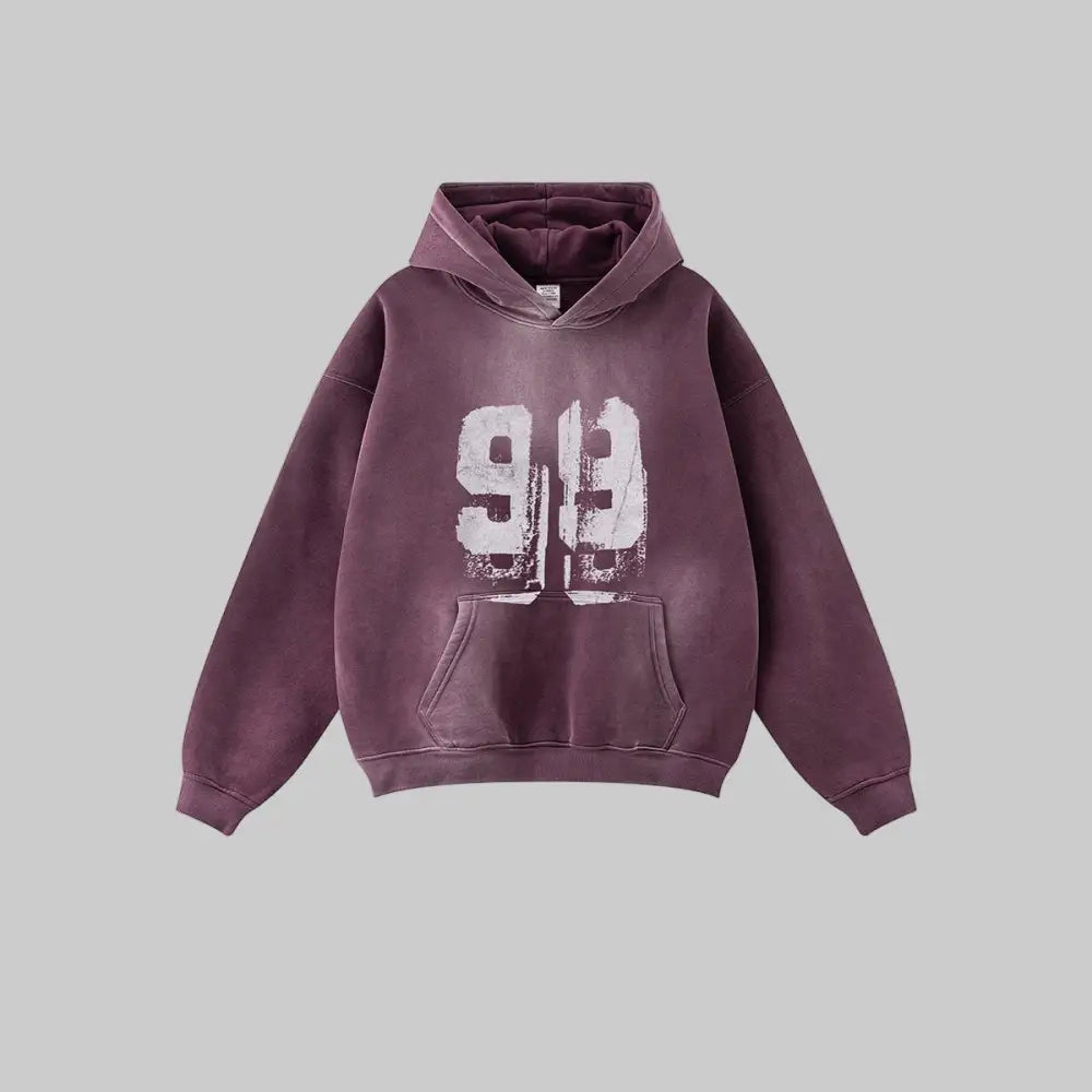 Plum purple hoodie with '99' print on a light beige background