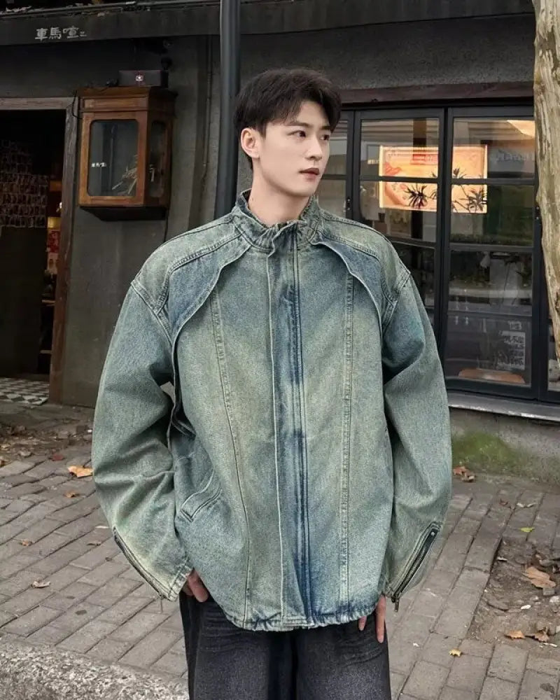 Men’s Washed Denim Zipper Jacket | same ANTHEM. - Blue / S