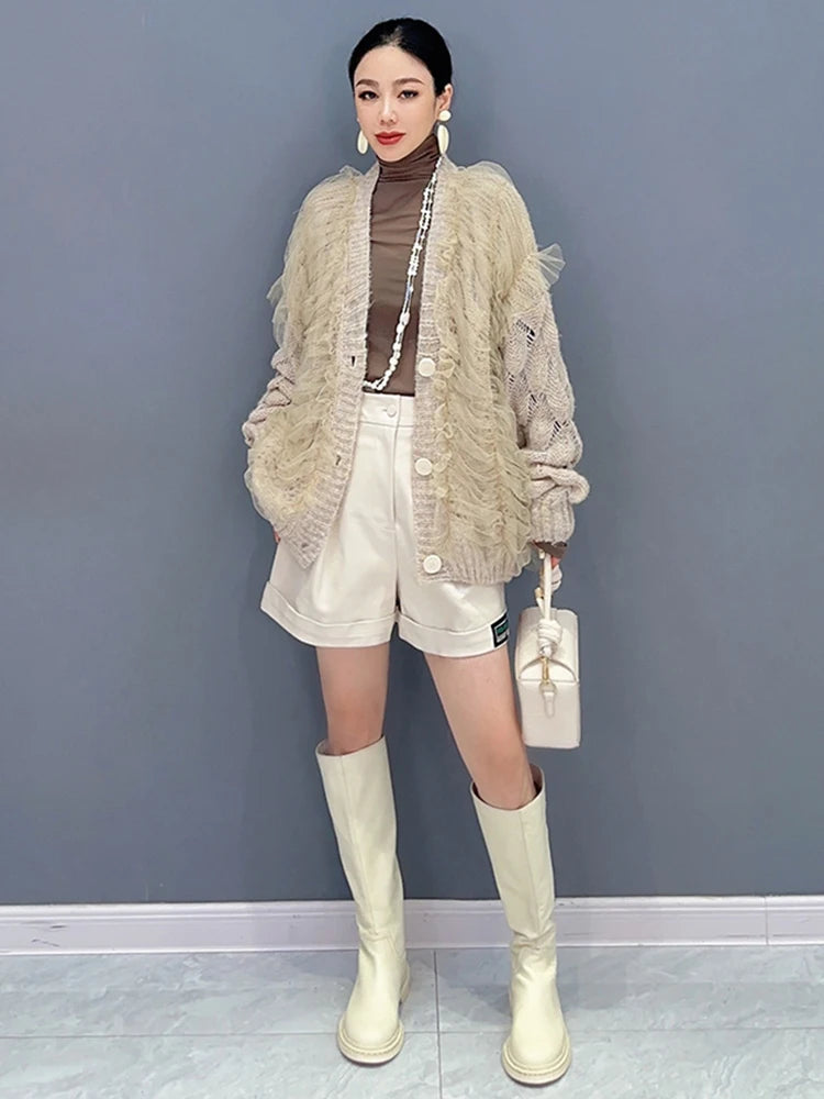 Mesh Spliced Knit Cardigan – same ANTHEM | Dreamy Romantic French Chic - Khaki / One Size