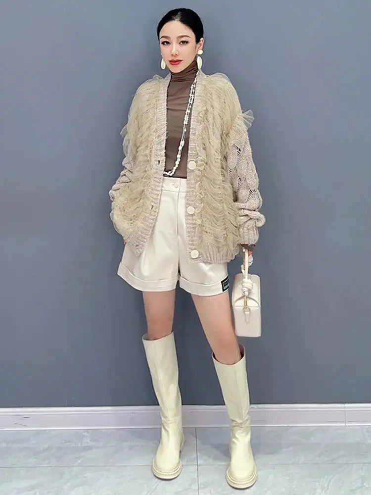Mesh Spliced Knit Cardigan – same ANTHEM | Dreamy Romantic French Chic - Khaki / One Size