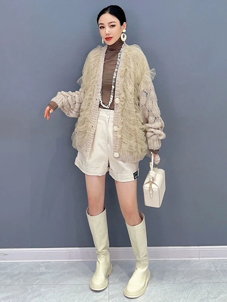 Mesh Spliced Knit Cardigan – same ANTHEM | Dreamy Romantic French Chic - Khaki / One Size