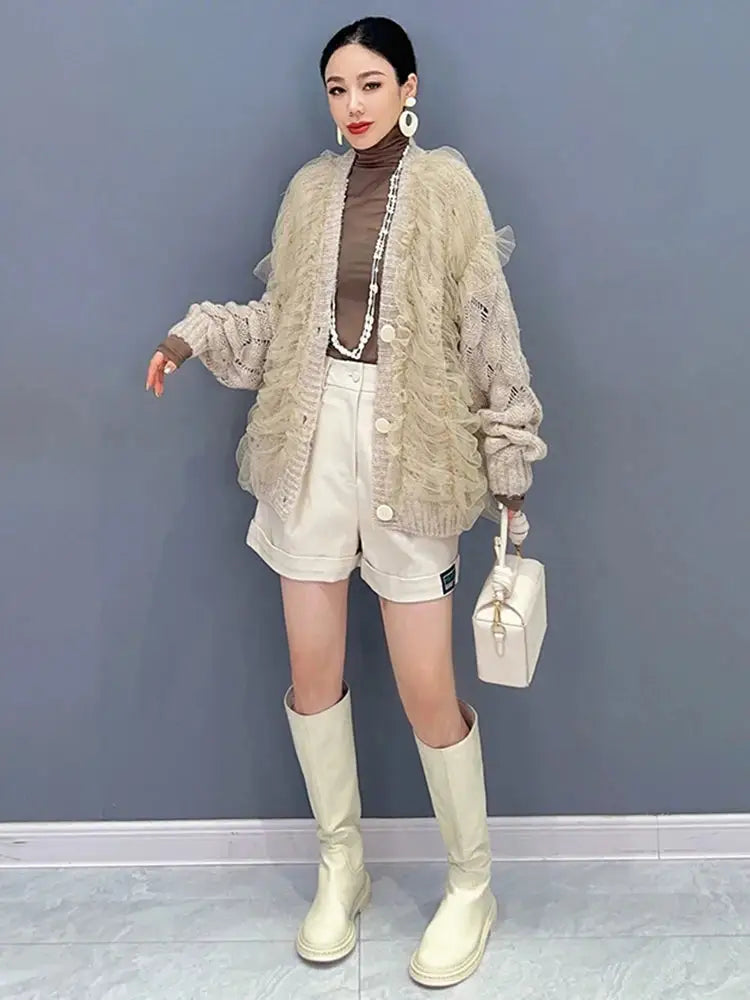 Mesh Spliced Knit Cardigan – same ANTHEM | Dreamy Romantic French Chic - Khaki / One Size