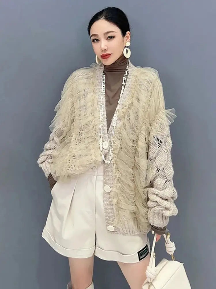 Mesh Spliced Knit Cardigan – same ANTHEM | Dreamy Romantic French Chic - Khaki / One Size