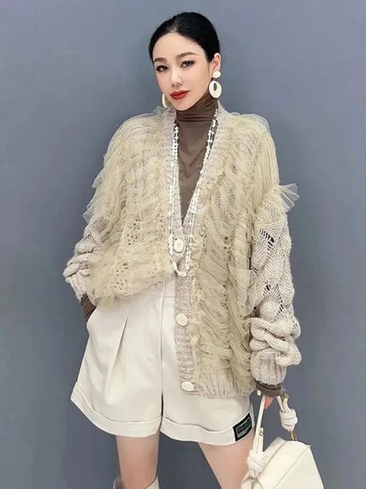 Mesh Spliced Knit Cardigan – same ANTHEM | Dreamy Romantic French Chic - Khaki / One Size