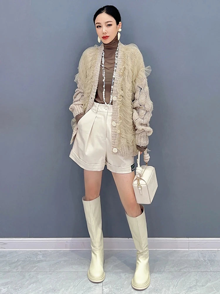 Mesh Spliced Knit Cardigan – same ANTHEM | Dreamy Romantic French Chic - Khaki / One Size