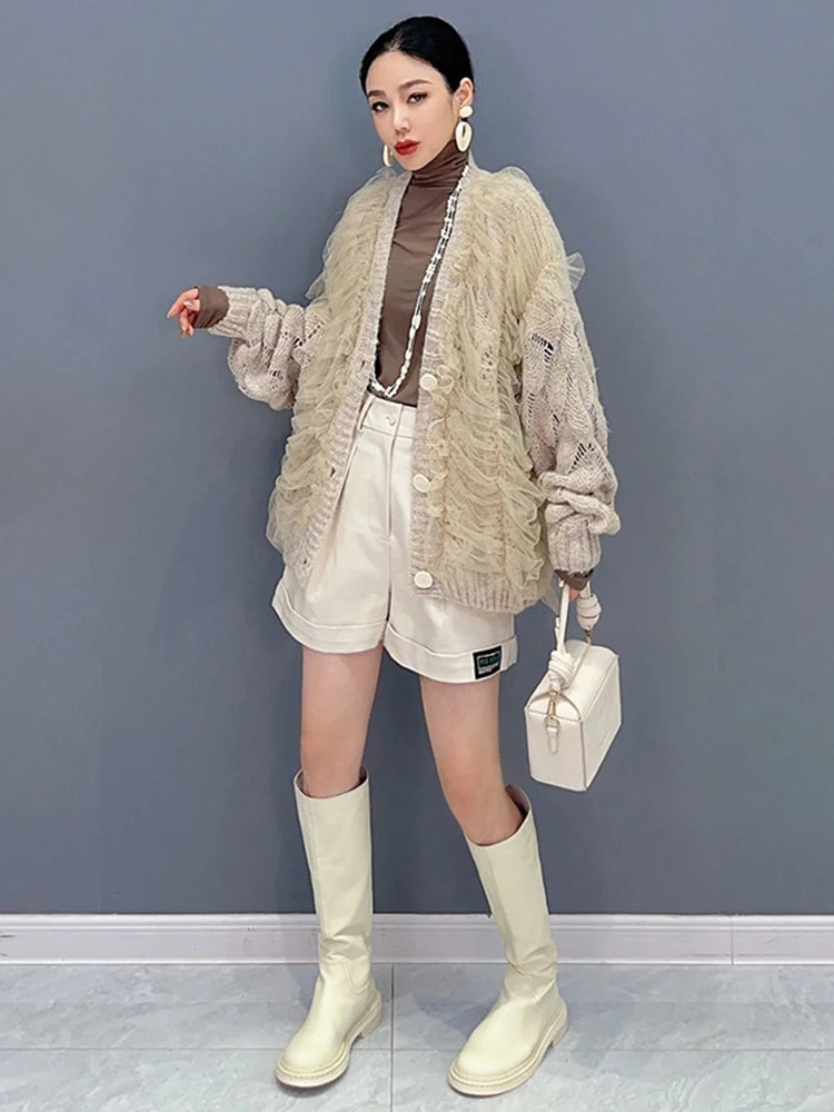 Mesh Spliced Knit Cardigan – same ANTHEM | Dreamy Romantic French Chic - Khaki / One Size