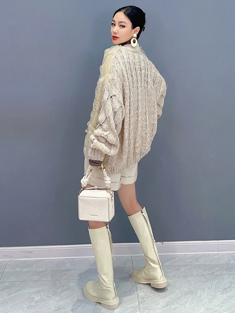 Mesh Spliced Knit Cardigan – same ANTHEM | Dreamy Romantic French Chic - Khaki / One Size