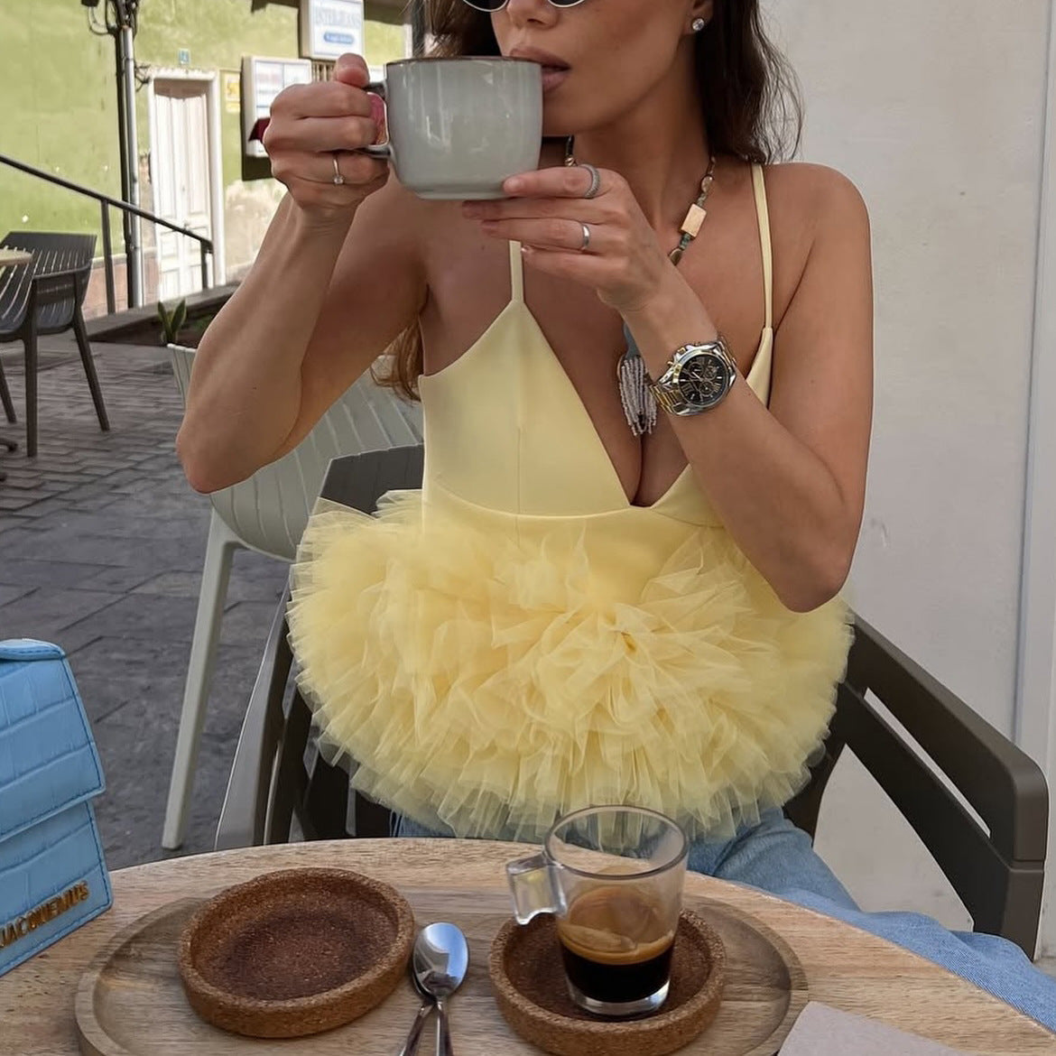 Mesh V-neck Patchwork Suspenders For Women