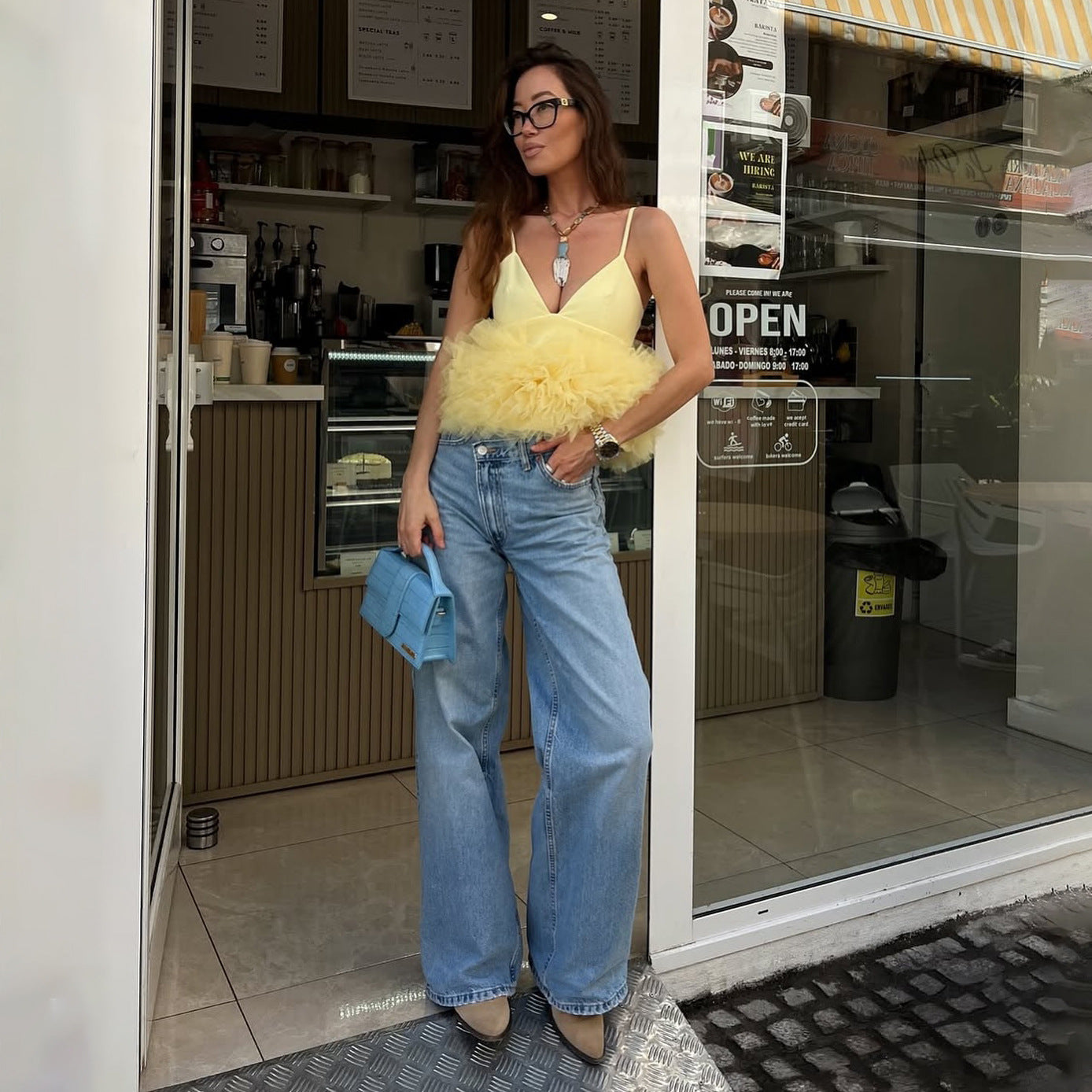 Mesh V-neck Patchwork Suspenders For Women - Yellow / L