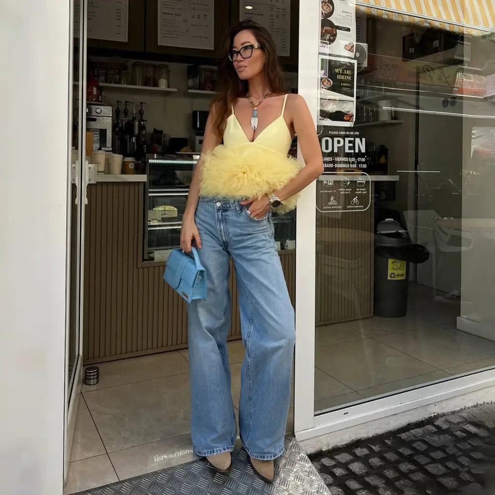 Mesh V-neck Patchwork Suspenders For Women - Yellow / L