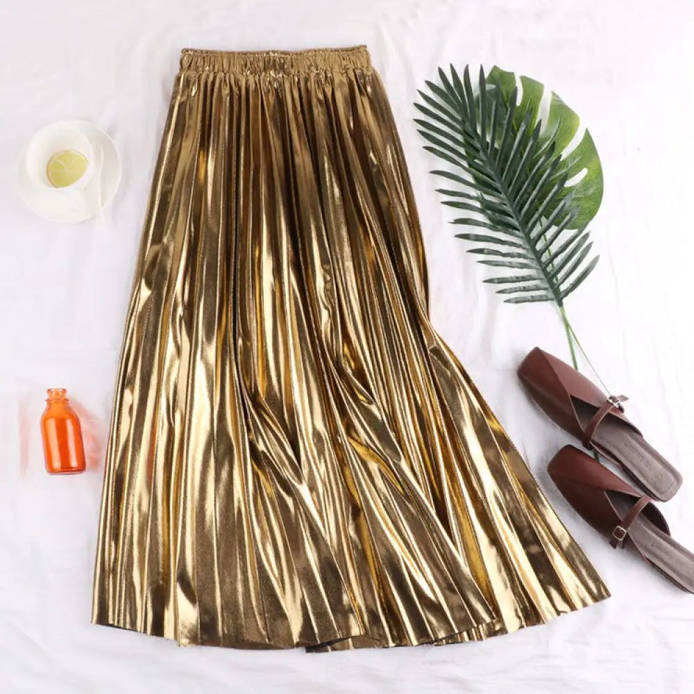 Metallic Reflective Pleated Skirt | same ANTHEM. Soulmate Streetwear for Friends & Besties - Gold / OneSize
