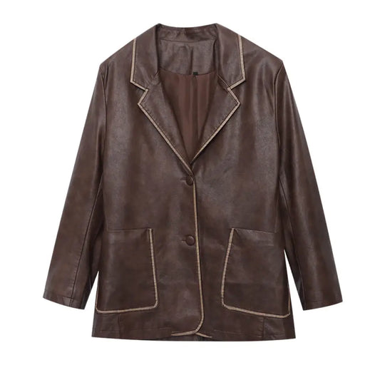 Modern handmade color brushing vintage silhouette loose fitting suit PU leather jacket and outerwear