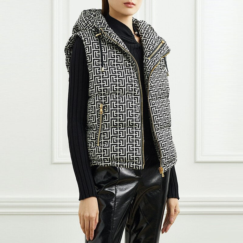 Monogram Puffy Hooded Vest for Women | Soulmate Streetwear by same ANTHEM. - Black / S
