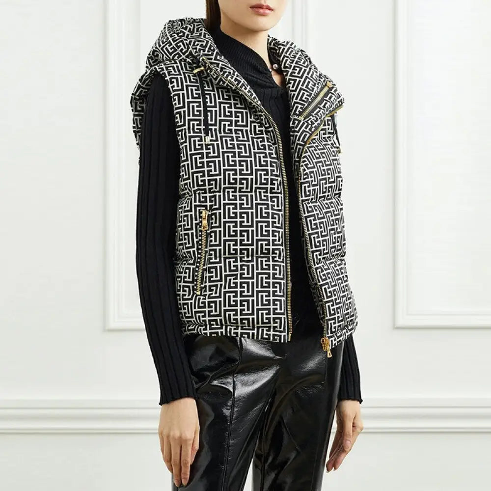 Monogram Puffy Hooded Vest for Women | Soulmate Streetwear by same ANTHEM. - Black / S
