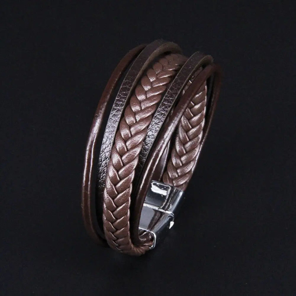 Multi Layer Handmade Woven Bracelet for Men Soulmate Wear & Vintage Style | Same ANTHEM. - Brown leather silver buckle