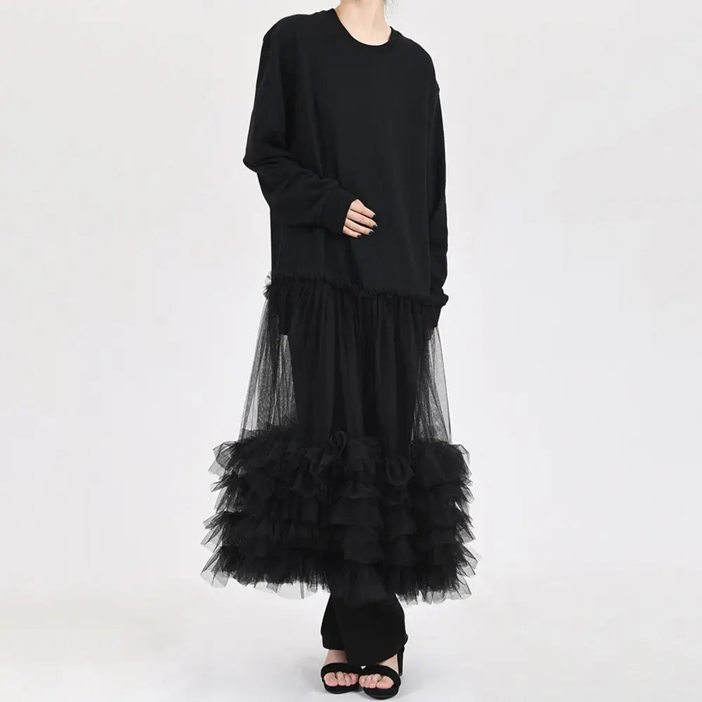 Multi-Layered Mesh Hoodie Dress – same ANTHEM. Loose Korean Streetwear - black / one size