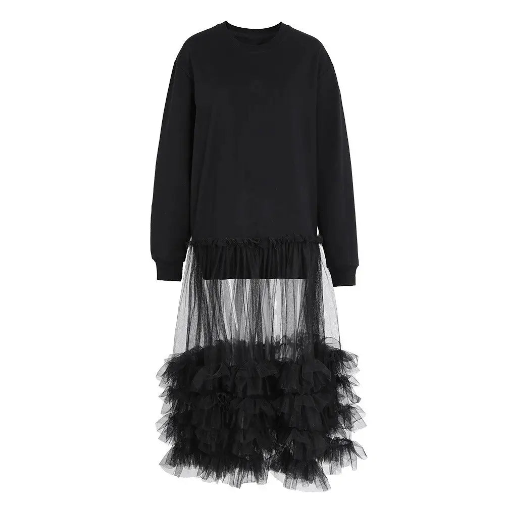 Multi-Layered Mesh Hoodie Dress – same ANTHEM. Loose Korean Streetwear - black / one size
