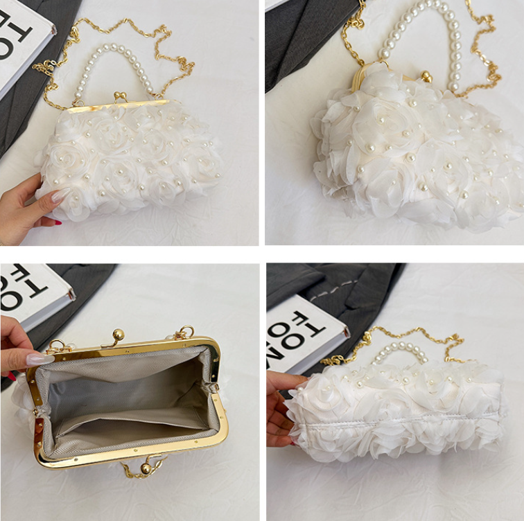 Net Lace Pleated Clutch Bag | same ANTHEM. Korean Sweet Style Pearl Crossbody - White
