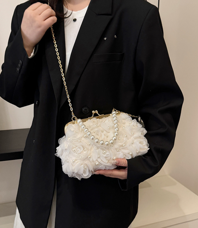 Net Lace Pleated Clutch Bag | same ANTHEM. Korean Sweet Style Pearl Crossbody - White