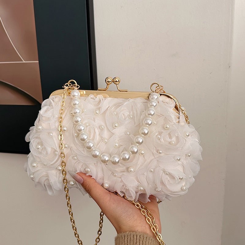 Net Lace Pleated Clutch Bag | same ANTHEM. Korean Sweet Style Pearl Crossbody - White