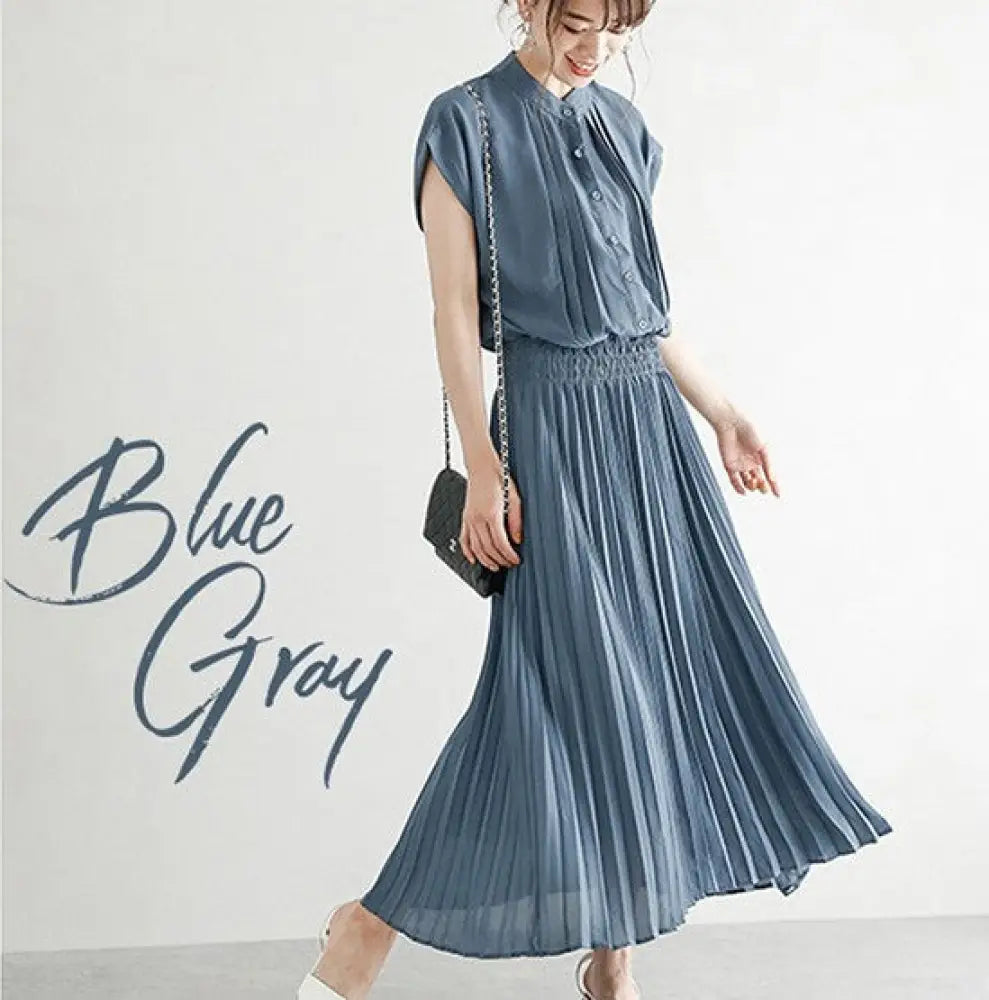 New Elegant Japanese Style Chiffon Dress | Romantic Short-Sleeved Dress for Women | Same Anthem - Blue Gray / 2XL
