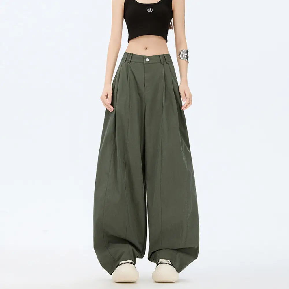 omen’s Wide Leg Workwear Pants | High Waist Trousers | same ANTHEM. - Military Green Long Pants / XS
