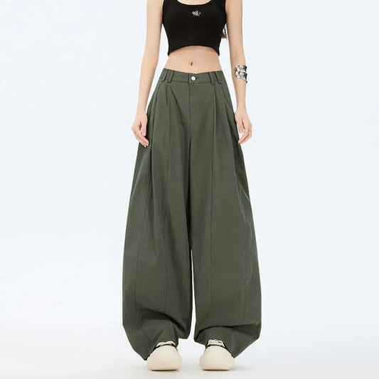 omen’s Wide Leg Workwear Pants | High Waist Trousers | same ANTHEM. - Military Green Long Pants / XS