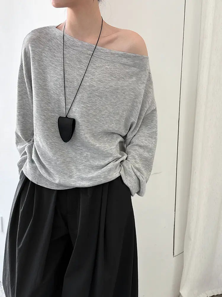 One-Shoulder Wool Knit Top | Soft Cozy Sweater for Women | same ANTHEM. - Light Gray / One Size Fits All