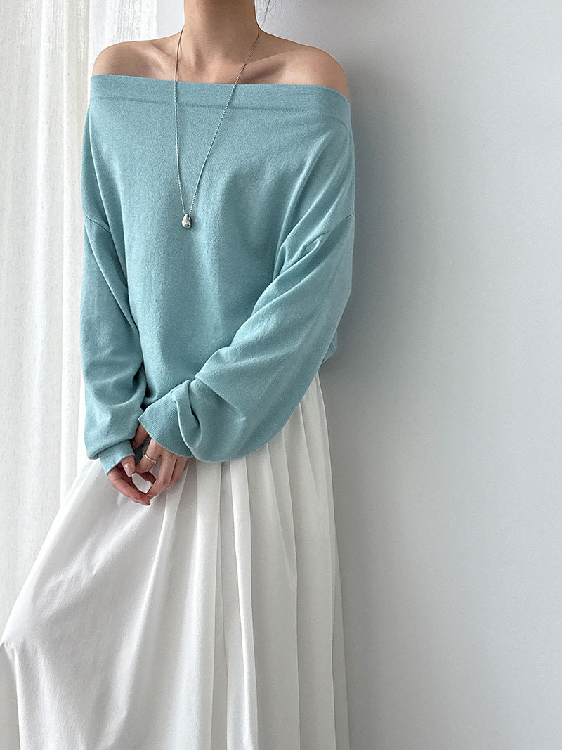 One-Shoulder Wool Knit Top | Soft Cozy Sweater for Women | same ANTHEM. - Ice Blue / One Size Fits All