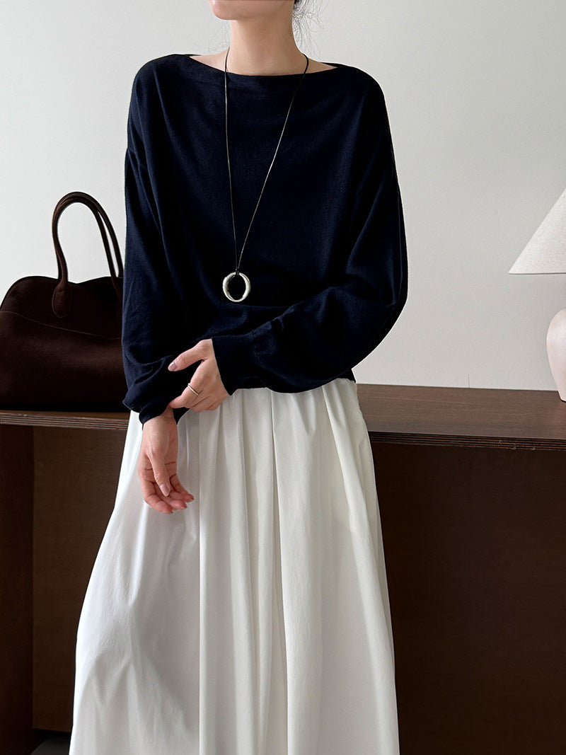 One-Shoulder Wool Knit Top | Soft Cozy Sweater for Women | same ANTHEM. - Navy Blue / One Size Fits All