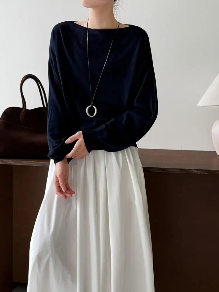 One-Shoulder Wool Knit Top | Soft Cozy Sweater for Women | same ANTHEM. - Navy Blue / One Size Fits All