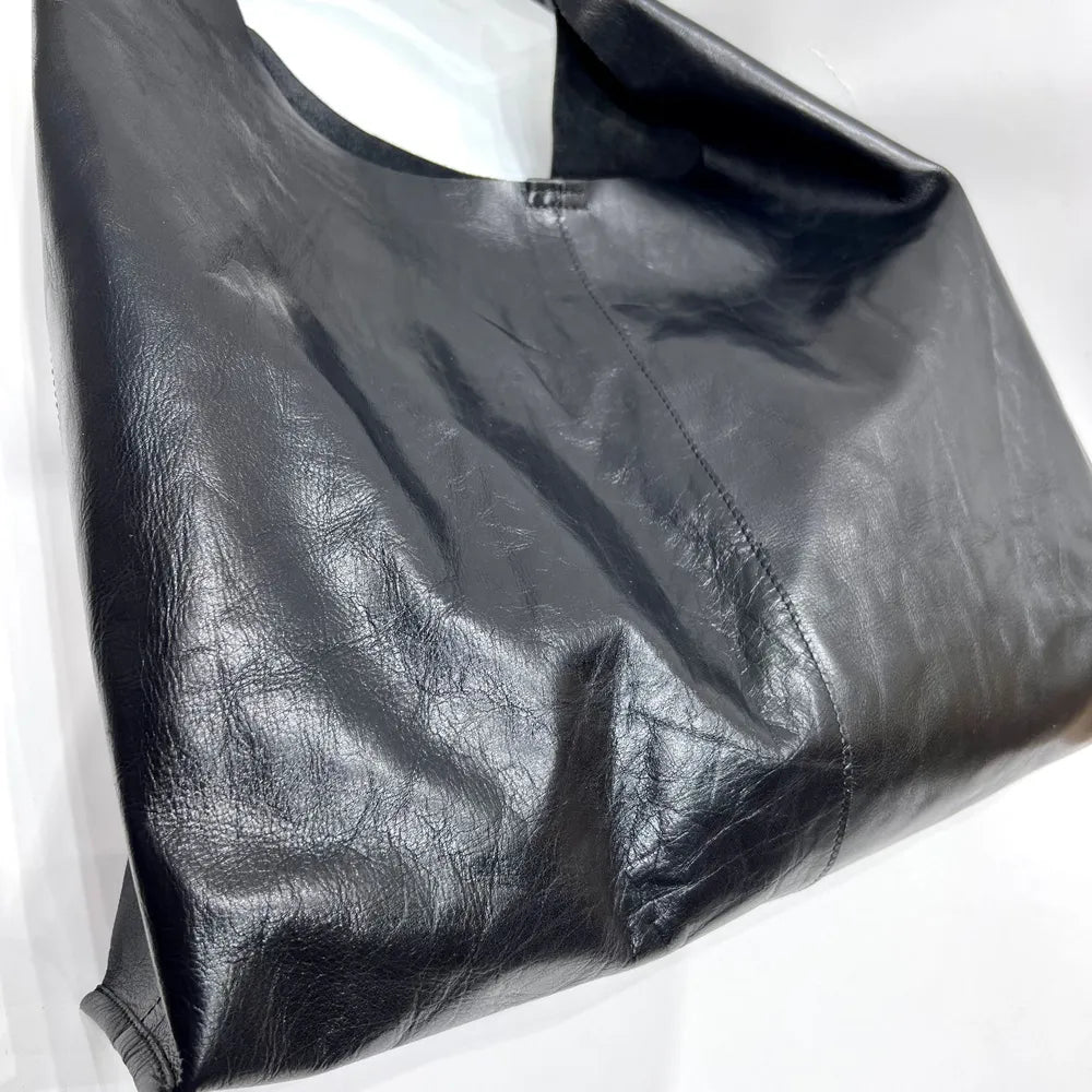 Oversize Leather Shoulder Tote – Vintage Soulmate Bag | same ANTHEM - black / Large(Max Length>50cm)