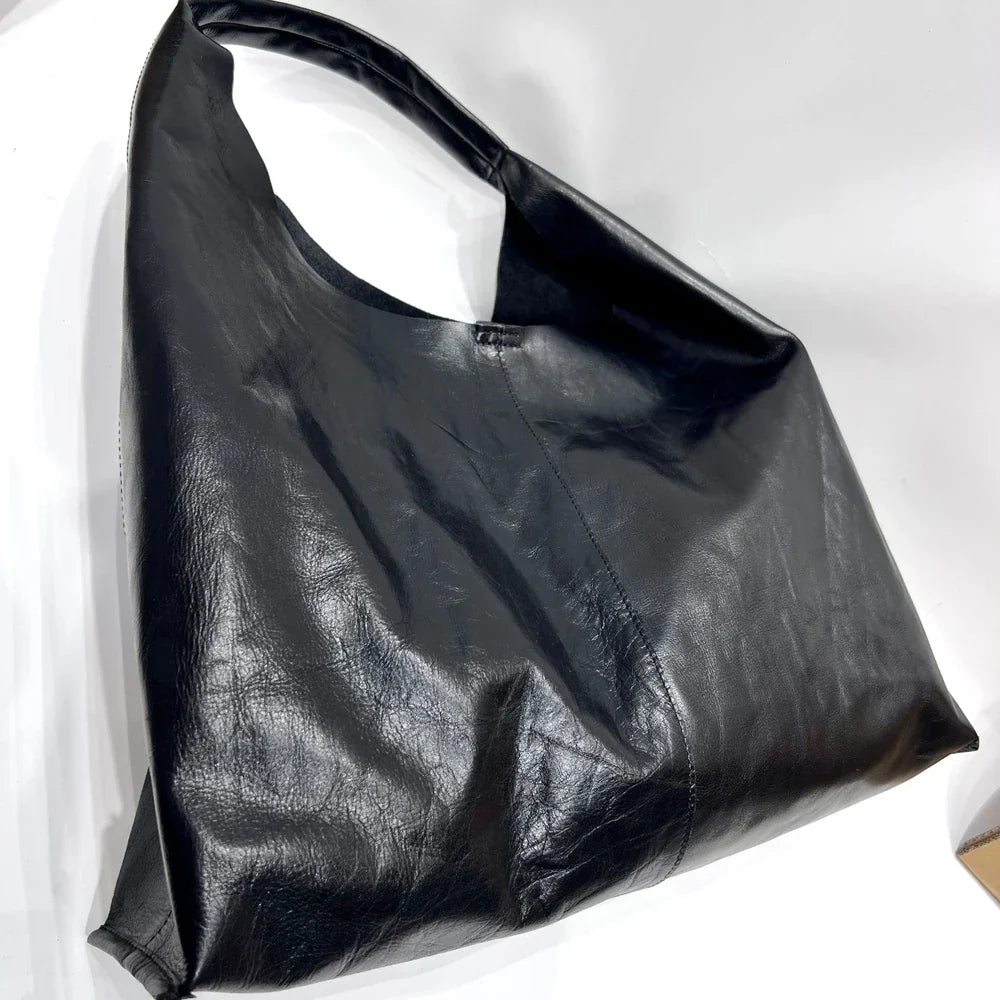 Oversize Leather Shoulder Tote – Vintage Soulmate Bag | same ANTHEM - black / Large(Max Length>50cm)