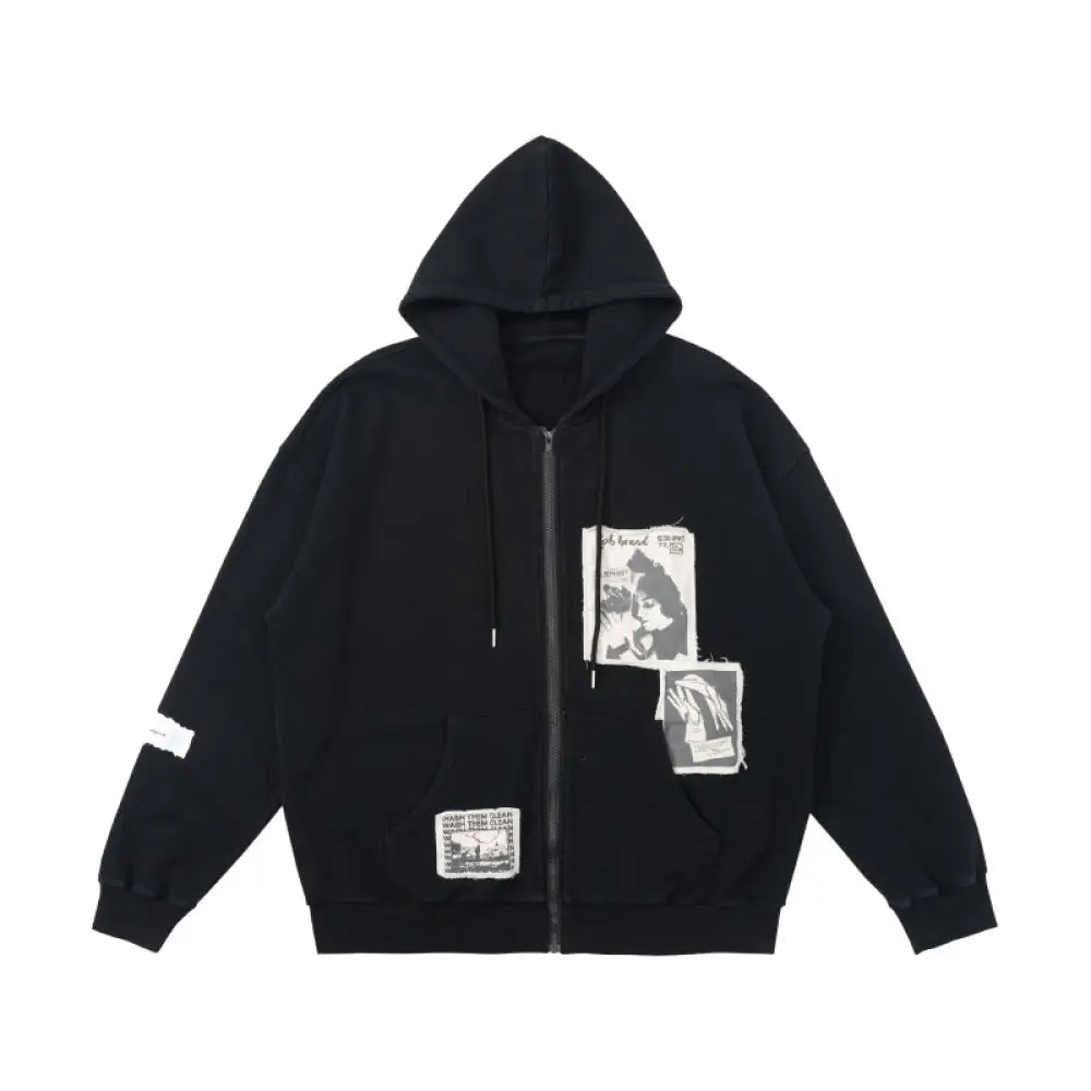 Patched Zipper Hoodie | same ANTHEM. - Black fleece / L - Sweatshirt