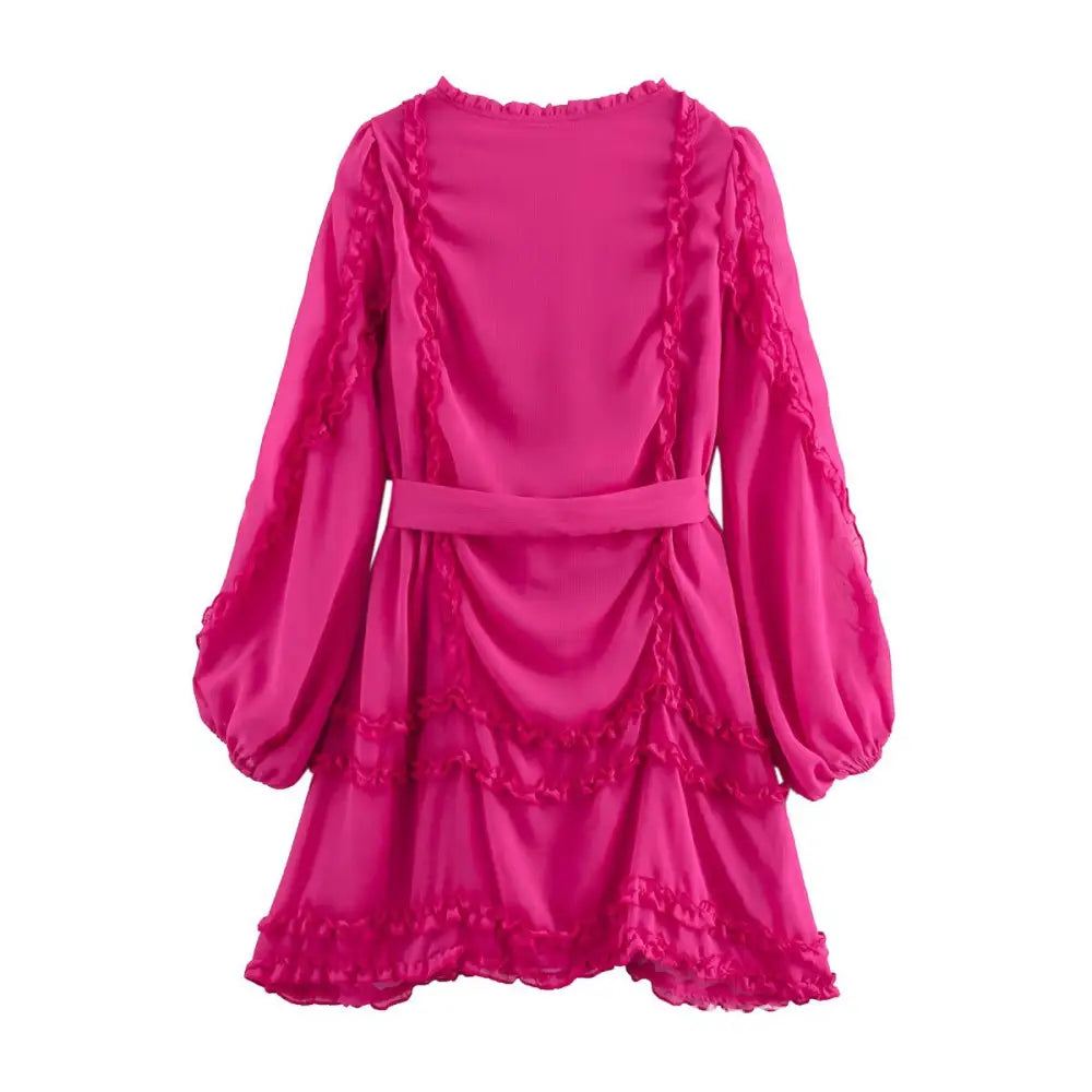 Pink Ruffle Chiffon V-Neck Dress – Romantic Streetwear | same ANTHEM