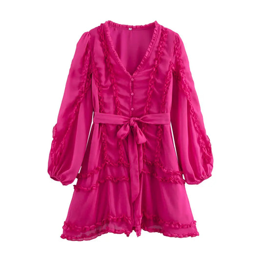 Pink Ruffle Chiffon V-Neck Dress – Romantic Streetwear | same ANTHEM - Rose Red / S