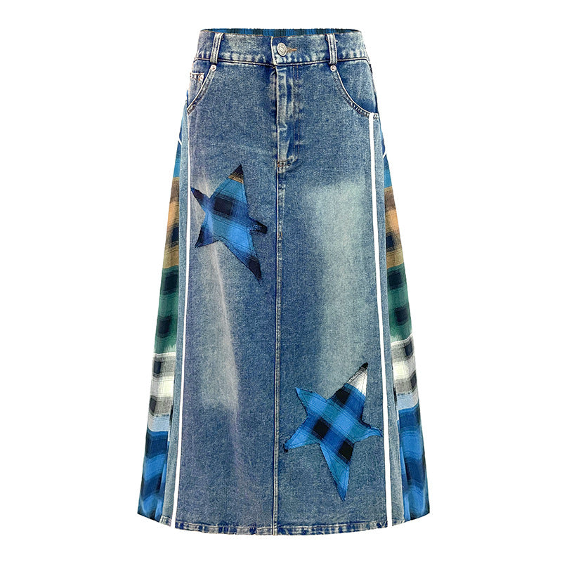 Plaid High Waisted Denim Skirt – Loose Street Style Patched A-Line | same ANTHEM - Blue / one size