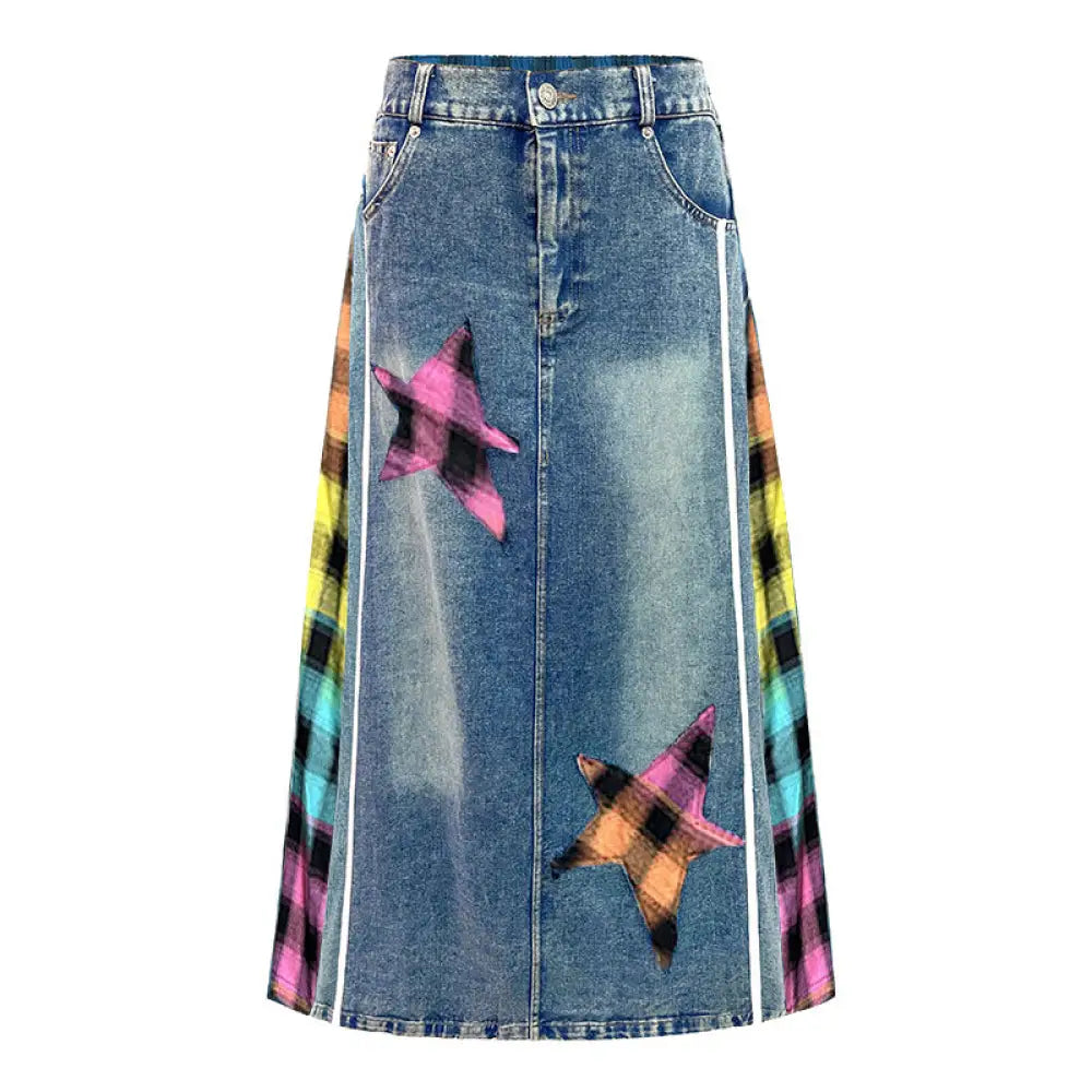 Plaid High Waisted Denim Skirt – Loose Street Style Patched A-Line | same ANTHEM - Red / one size