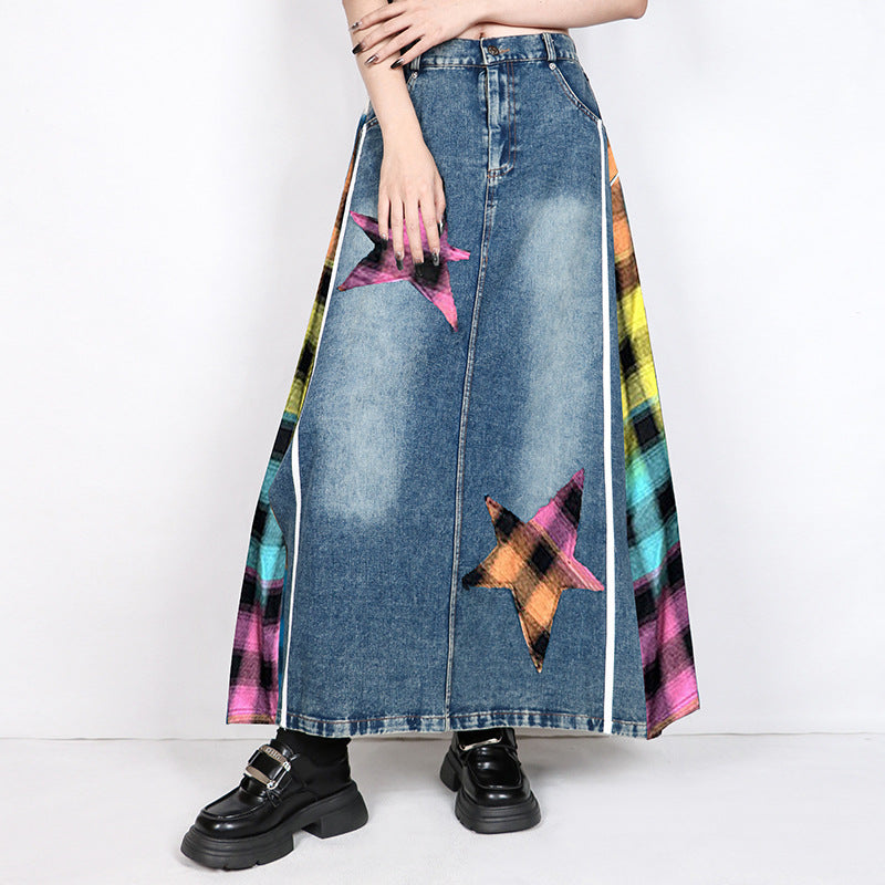 Plaid High Waisted Denim Skirt – Loose Street Style Patched A-Line | same ANTHEM