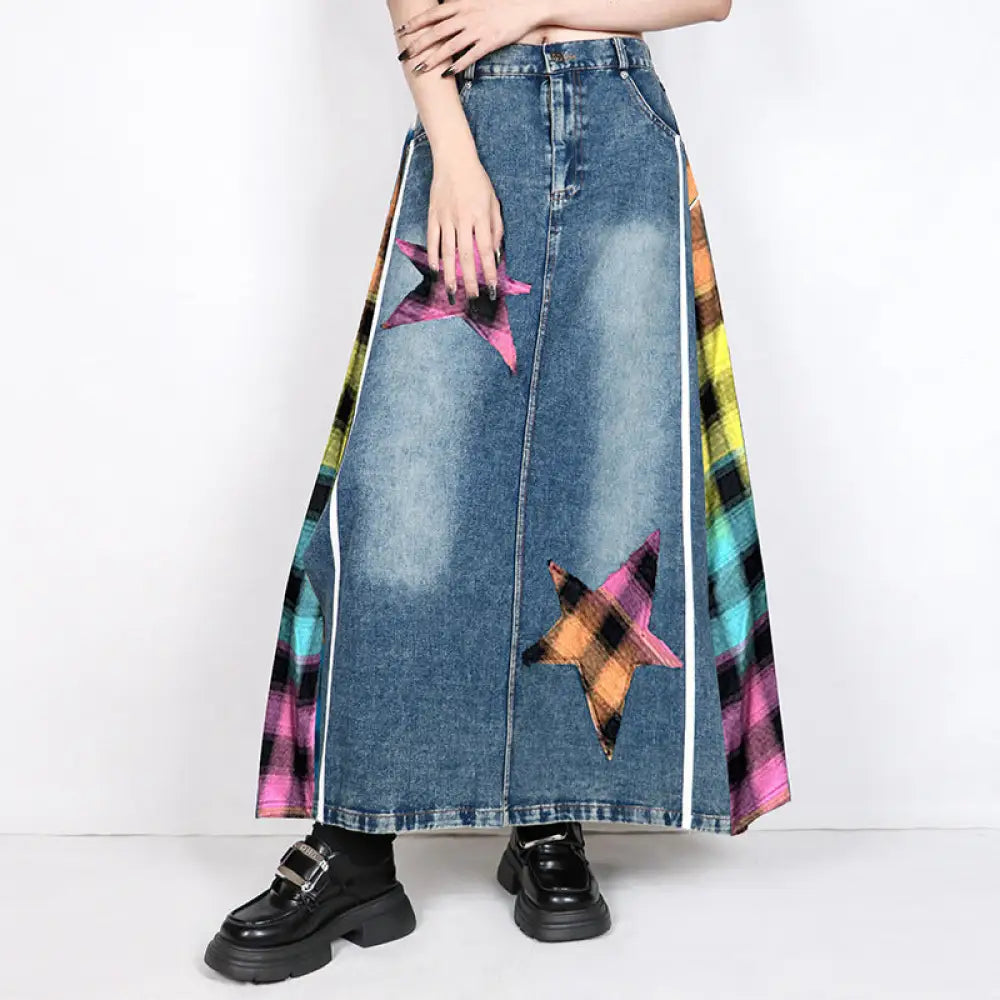 Plaid High Waisted Denim Skirt – Loose Street Style Patched A-Line | same ANTHEM