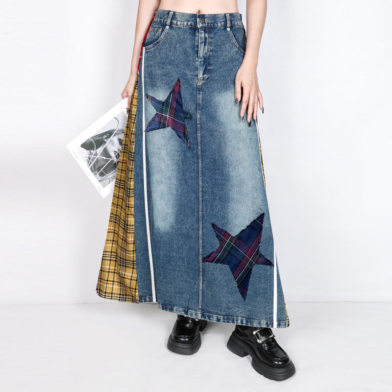 Plaid High Waisted Denim Skirt – Loose Street Style Patched A-Line | same ANTHEM