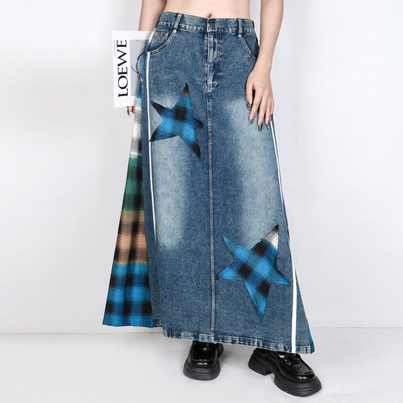 Plaid High Waisted Denim Skirt – Loose Street Style Patched A-Line | same ANTHEM