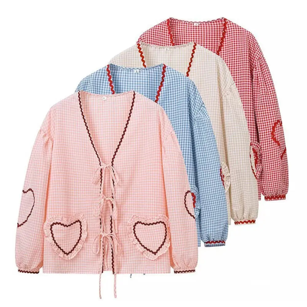 Plaid Lace-Up Heart Pocket Cardigan – same ANTHEM Streetwear