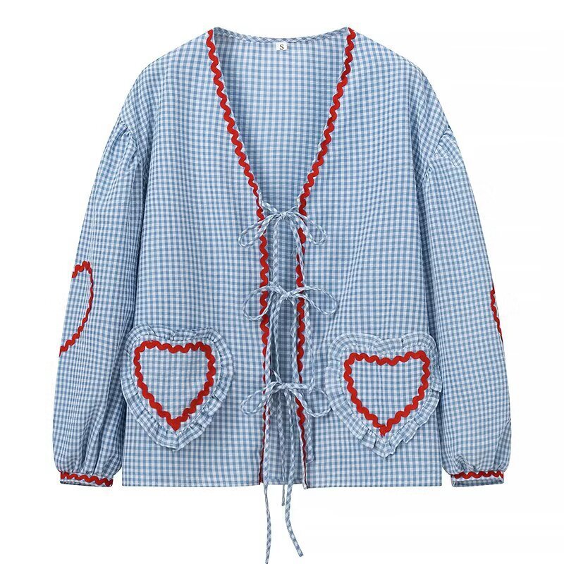 Plaid Lace-Up Heart Pocket Cardigan – same ANTHEM Streetwear - baby blue / S